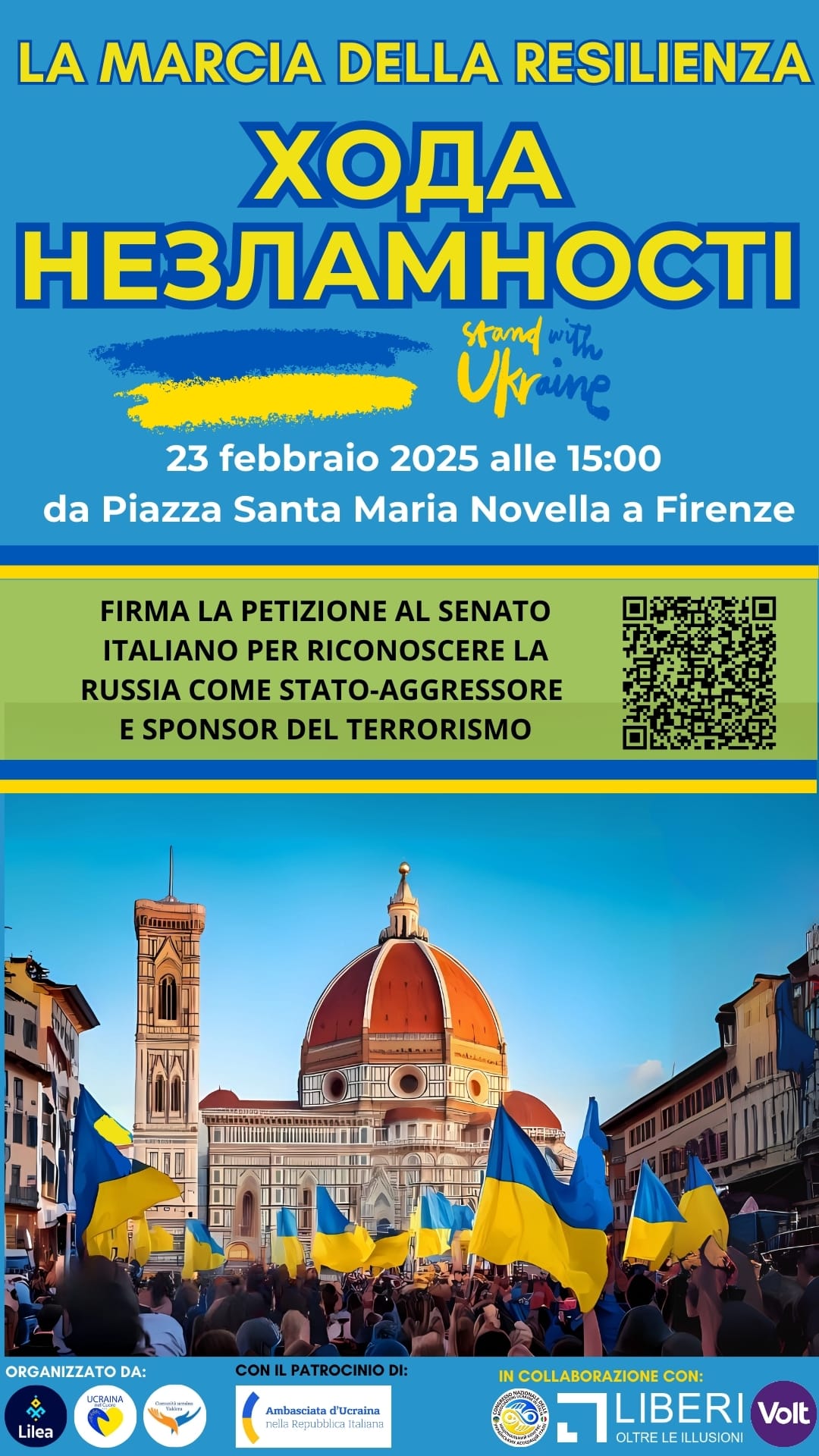 La “Marcia della Resilienza Ucraina” prevista a Firenze per 23 Febbraio 2025 ore 15:00